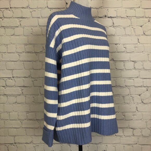 NWT LOFT Ribbed Mockneck Sweater Size M Blue White Stripe Oversized - Picture 2 of 8
